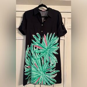 Lilly Pulitzer Black Green Floral Tab Sleeves Collared Buttons Dress